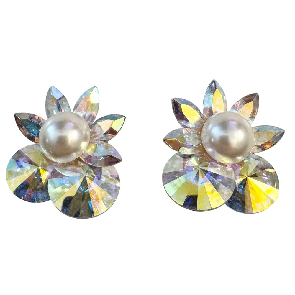 Vintage Aurora Borealis Crystal Earrings Statement Faux Pearl Iridescent Sparkly